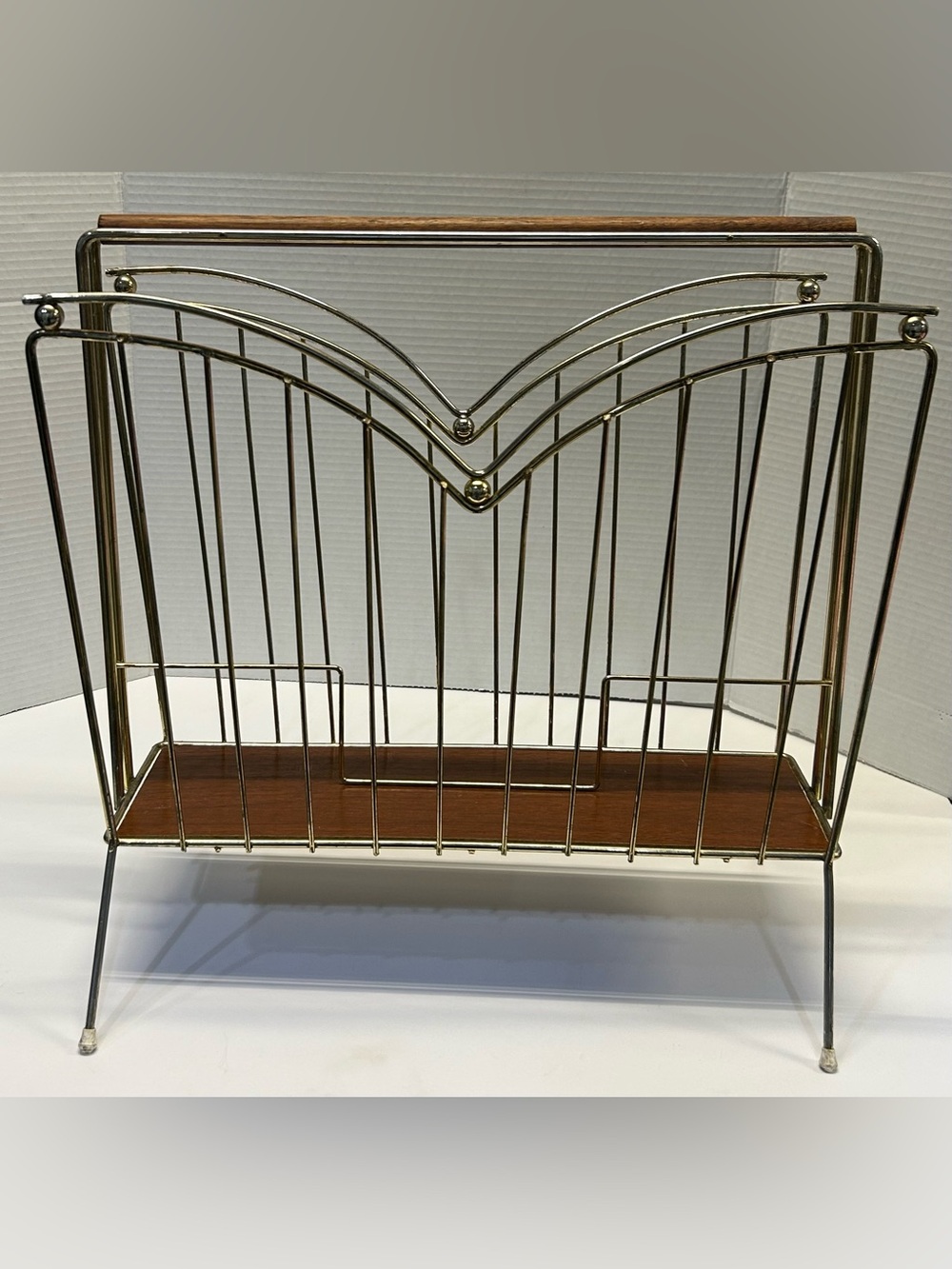 MCM Gold and Wood Mid-Century Metal Magazine Rack